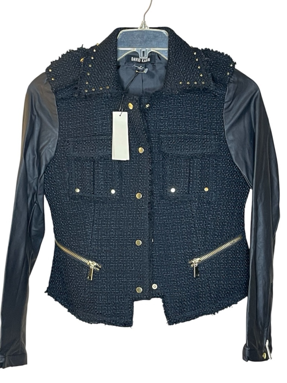 David Kahn Black Tweed Jacket Faux Leather Sleeves & Gold Stud Hardware Sz S - Picture 2 of 7